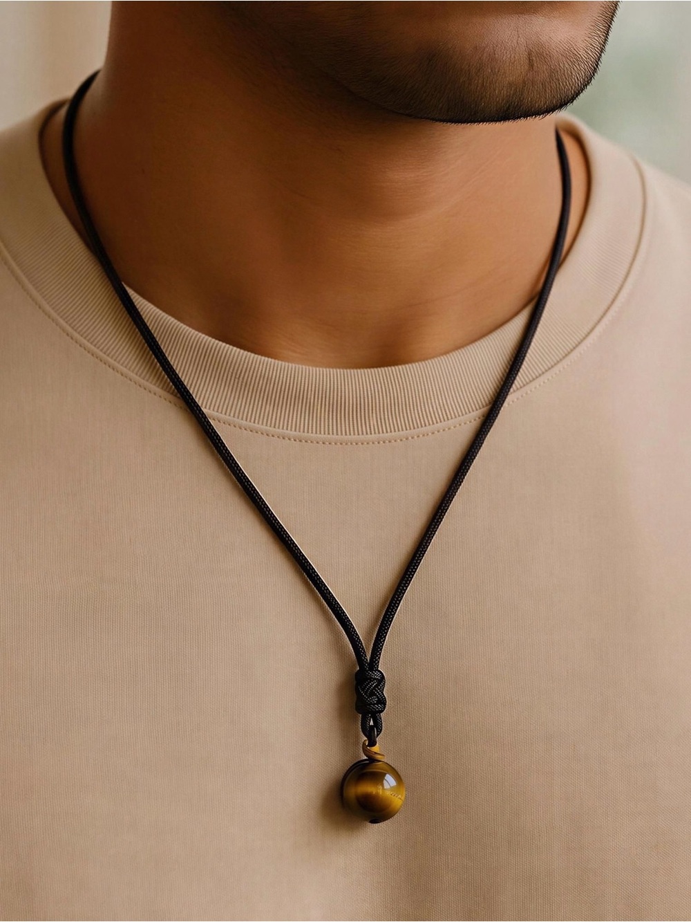 Men's Black Leather Cord Necklace with Brown Tiger Eye Pendant